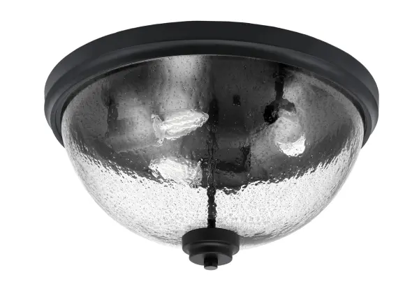 This 16" flush mount combines sleek matte black finish with unique smoke bubble glass for contemporary style. Perfect for low-ceiling spaces, it provides warm diffused lighting with modern industrial flair.
