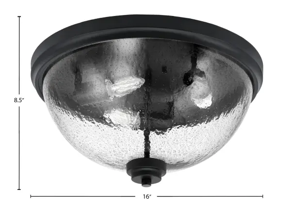 This 16" flush mount combines sleek matte black finish with unique smoke bubble glass for contemporary style. Perfect for low-ceiling spaces, it provides warm diffused lighting with modern industrial flair. - alternate view