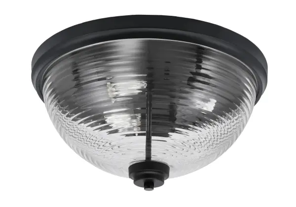 This 16" flush mount combines contemporary matte black styling with elegant ribbed glass for sophisticated ambient lighting. Perfect for low-ceiling spaces requiring both style and function.