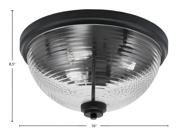 This 16" flush mount combines contemporary matte black styling with elegant ribbed glass for sophisticated ambient lighting. Perfect for low-ceiling spaces requiring both style and function. - alternate view