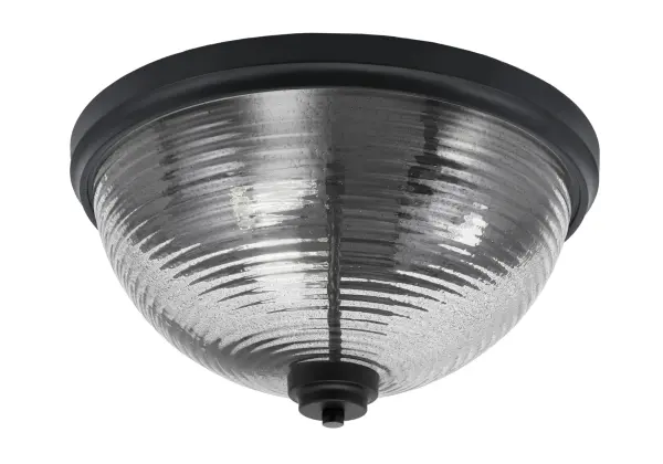 This 16" flush mount combines contemporary matte black styling with unique smoke ribbed glass for sophisticated, diffused lighting. Perfect for low-ceiling spaces requiring modern elegance.