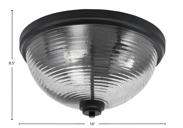 This 16" flush mount combines contemporary matte black styling with unique smoke ribbed glass for sophisticated, diffused lighting. Perfect for low-ceiling spaces requiring modern elegance. - alternate view