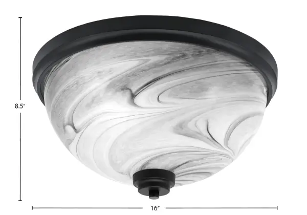 This 16" flush mount combines contemporary matte black styling with luxurious onyx swirl glass. Perfect for spaces with lower ceilings, it provides warm ambient lighting while adding visual interest through its distinctive glass patterns. - alternate view