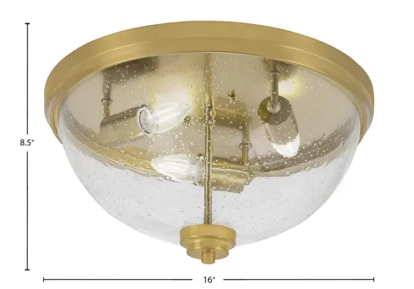 This 16-inch flush mount combines charming bubble glass with a sophisticated New Age Brass finish. Perfect for low-ceiling spaces, it provides ample illumination with three bulbs while adding visual interest through textured glass. - alternate view