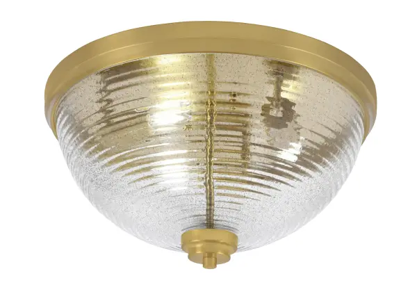 This 16" flush mount combines New Age Brass finish with distinctive smoke ribbed glass for a refined look. The low-profile design works beautifully in spaces with standard ceiling heights while providing ample illumination.