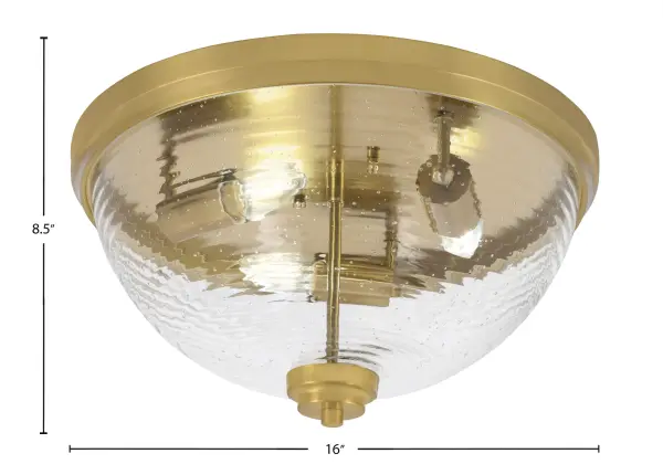 This 16" flush mount combines transitional styling with modern appeal through its ribbed clear bubble glass and New Age Brass finish. The 3-bulb configuration provides ample illumination for rooms up to 150 sq ft. - alternate view