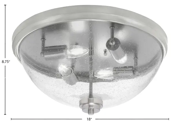 This versatile flush mount combines contemporary styling with practical functionality. The 18-inch clear bubble glass shade creates visual interest while the brushed nickel finish ensures broad compatibility with modern interiors. - alternate view