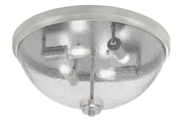 This 18-inch flush mount combines contemporary brushed nickel finish with distinctive smoke bubble glass for a sophisticated lighting solution. Four-bulb design provides ample illumination while the textured glass creates captivating visual effects.