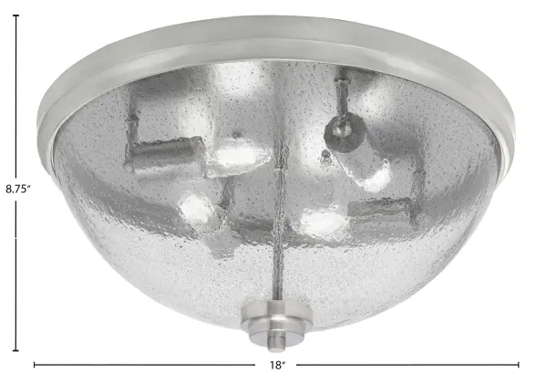 This 18-inch flush mount combines contemporary brushed nickel finish with distinctive smoke bubble glass for a sophisticated lighting solution. Four-bulb design provides ample illumination while the textured glass creates captivating visual effects. - alternate view