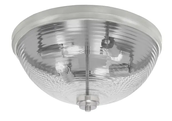 This 18-inch flush mount combines a sleek brushed nickel finish with distinctive ribbed glass for a sophisticated lighting solution. The four-bulb configuration provides ample illumination while the low-profile design works well in rooms with standard ceiling heights.