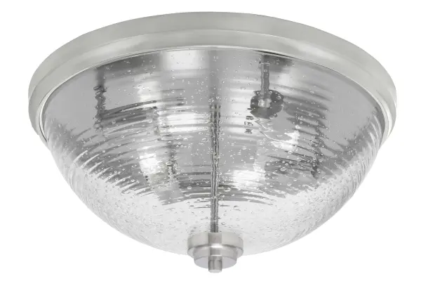 This 18" flush mount combines sleek brushed nickel with distinctive ribbed bubble glass, creating dynamic light patterns. Perfect for medium-sized spaces needing both style and practical illumination with its 4-bulb configuration.