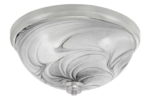 This 18-inch flush mount combines brushed nickel finish with distinctive onyx swirl glass for a sophisticated look. Four-bulb design provides ample illumination while the low-profile mounting suits standard ceiling heights.