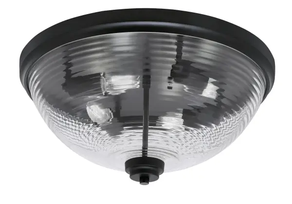 This 18-inch flush mount combines modern sophistication with industrial charm. The matte black finish and clear ribbed glass create visual interest while providing ample illumination for medium-sized spaces.