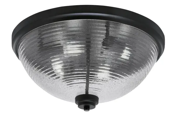 This contemporary flush mount combines a sophisticated matte black finish with unique smoke ribbed glass for an upscale aesthetic. At 18" wide, it provides ample illumination for medium-sized spaces while maintaining a low 8.75" profile.