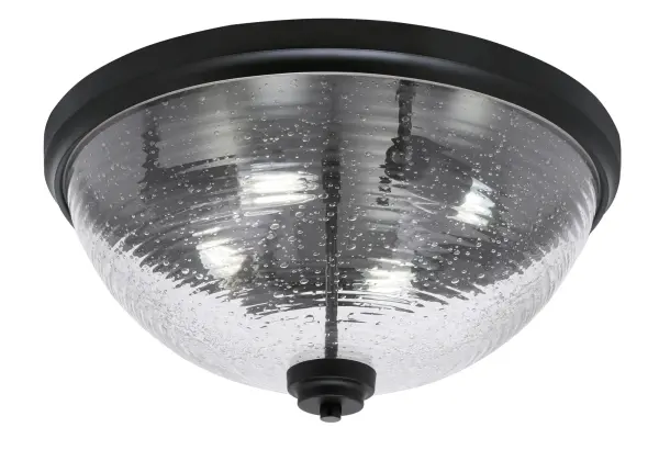 This 18-inch flush mount combines modern sophistication with industrial charm through its matte black finish and unique ribbed clear bubble glass. Perfect for spaces with standard ceiling heights, it provides brilliant illumination while maintaining a low profile.