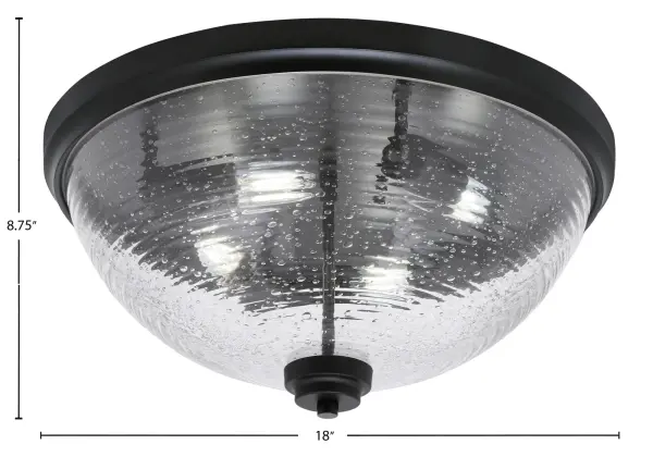 This 18-inch flush mount combines modern sophistication with industrial charm through its matte black finish and unique ribbed clear bubble glass. Perfect for spaces with standard ceiling heights, it provides brilliant illumination while maintaining a low profile. - alternate view