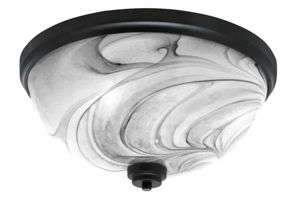 This 18-inch flush mount combines contemporary style with practical functionality. The unique onyx swirl glass shades create beautiful ambient lighting while the matte black finish adds modern sophistication to any space.