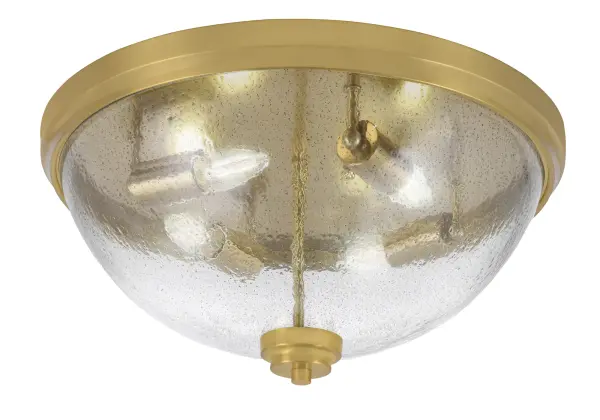 This 18" flush mount combines contemporary brass finish with distinctive smoke bubble glass, creating warm, diffused lighting perfect for modern and transitional spaces. The four-bulb design provides ample illumination.