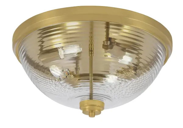 This 18-inch flush mount combines luxurious New Age Brass finish with clear ribbed glass for sophisticated lighting. The textured glass creates beautiful light play while the low-profile design suits standard ceiling heights.