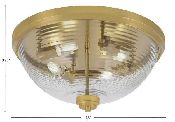 This 18-inch flush mount combines luxurious New Age Brass finish with clear ribbed glass for sophisticated lighting. The textured glass creates beautiful light play while the low-profile design suits standard ceiling heights. - alternate view