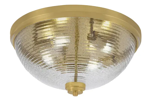 This 18" flush mount combines modern sophistication with transitional appeal through its New Age Brass finish and distinctive smoke ribbed glass. The textured shade creates dynamic light patterns while the low-profile design suits standard ceiling heights.