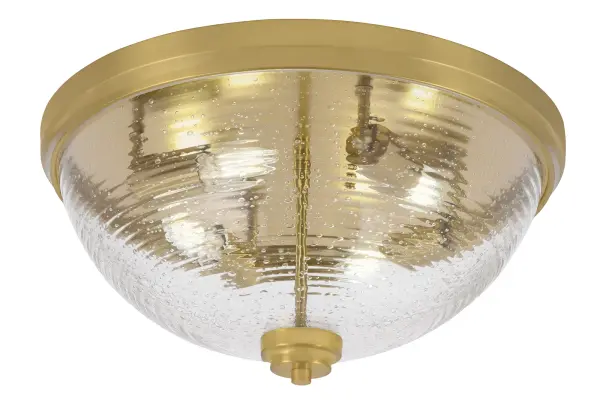 This 18" flush mount combines warm New Age Brass finish with unique ribbed bubble glass for a sophisticated look. Perfect for low-ceiling spaces, it provides excellent ambient lighting while adding visual interest through its textured shade.