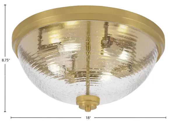 This 18" flush mount combines warm New Age Brass finish with unique ribbed bubble glass for a sophisticated look. Perfect for low-ceiling spaces, it provides excellent ambient lighting while adding visual interest through its textured shade. - alternate view