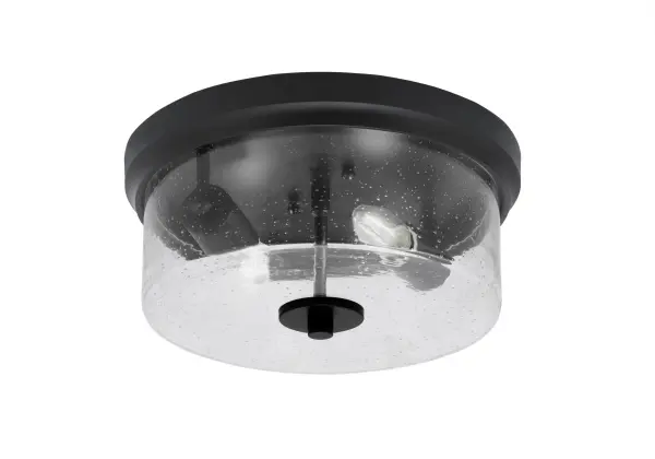 This compact 12-inch flush mount combines contemporary matte black styling with unique clear bubble glass for a refined, modern look. Perfect for low-ceiling spaces requiring ambient lighting with visual interest.