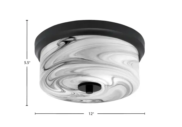This 12-inch flush mount combines a sleek matte black finish with beautiful onyx swirl glass for a sophisticated look. Perfect for rooms with lower ceilings, it provides ample illumination while maintaining a compact profile. - alternate view