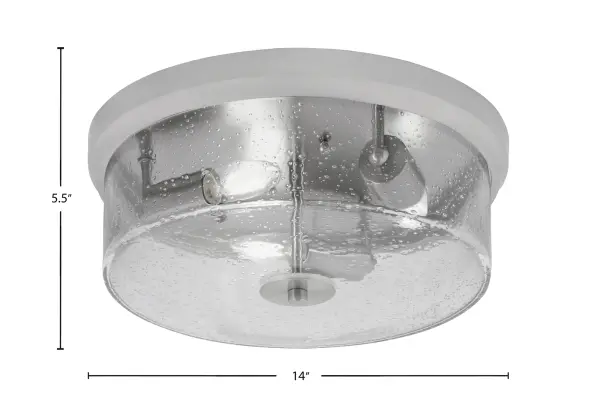 This 14-inch flush mount combines brushed nickel elegance with distinctive clear bubble glass for a contemporary look. Perfect for rooms with lower ceilings, it provides ample illumination through three bulbs while maintaining a sleek 5.5-inch profile. - alternate view