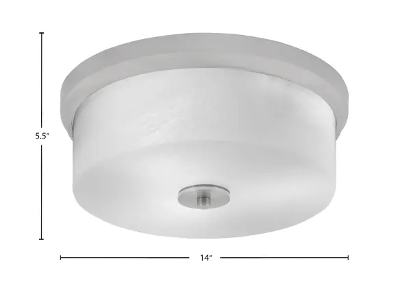 This 14-inch flush mount combines brushed nickel finish with elegant white marble glass for a versatile lighting solution. Perfect for low-ceiling spaces, it provides ample illumination with three bulbs while maintaining a low 5.5-inch profile. - alternate view