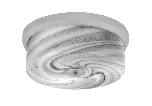 This 14" flush mount combines contemporary brushed nickel with dynamic marbled onyx glass for a sophisticated focal point. Perfect for low-ceiling spaces requiring ambient lighting with artistic flair.