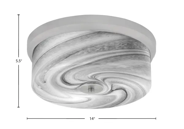This 14" flush mount combines contemporary brushed nickel with dynamic marbled onyx glass for a sophisticated focal point. Perfect for low-ceiling spaces requiring ambient lighting with artistic flair. - alternate view
