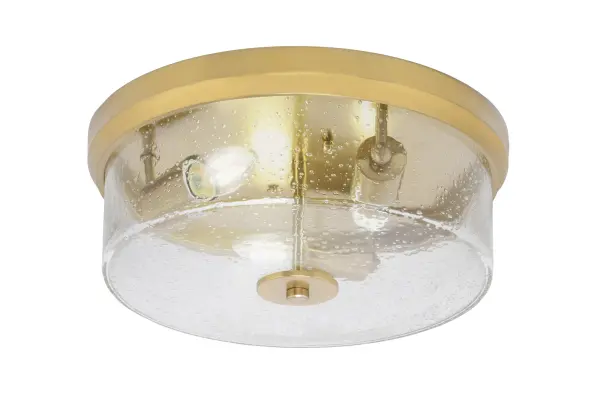 This 14" flush mount combines textured bubble glass with a sophisticated New Age Brass finish, creating a versatile lighting solution that works beautifully in both contemporary and traditional spaces.