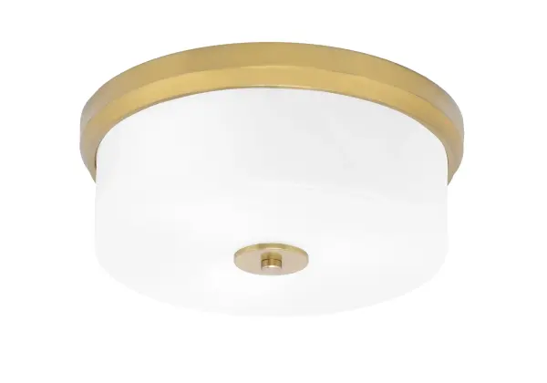 This 14" flush mount combines timeless white marble glass with warm New Age Brass finish, delivering sophisticated illumination for smaller spaces. ETL listed with 3-bulb capacity for ample light output.