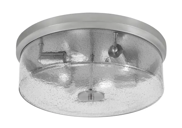 This 17-inch flush mount combines brushed nickel finish with unique smoke bubble glass for sophisticated ambient lighting. Four-bulb design provides ample illumination while the low-profile mount suits standard ceiling heights.