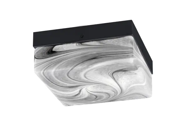 This compact 10" flush mount combines modern matte black finish with elegant onyx swirl glass for a sophisticated look. Perfect for low ceilings and smaller spaces, it provides warm ambient lighting while maintaining a streamlined profile.