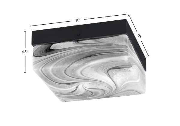 This compact 10" flush mount combines modern matte black finish with elegant onyx swirl glass for a sophisticated look. Perfect for low ceilings and smaller spaces, it provides warm ambient lighting while maintaining a streamlined profile. - alternate view