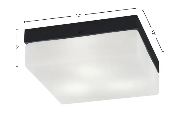 This 12-inch flush mount combines contemporary matte black finish with classic white marble glass for a sophisticated look. Perfect for low-ceiling spaces, it provides warm ambient lighting while maintaining a sleek profile. - alternate view