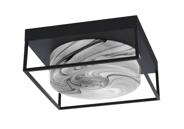 This 12" flush mount combines contemporary matte black styling with luxurious onyx swirl glass. Perfect for low-ceiling spaces, it provides versatile 2-bulb illumination with a sophisticated, modern aesthetic.