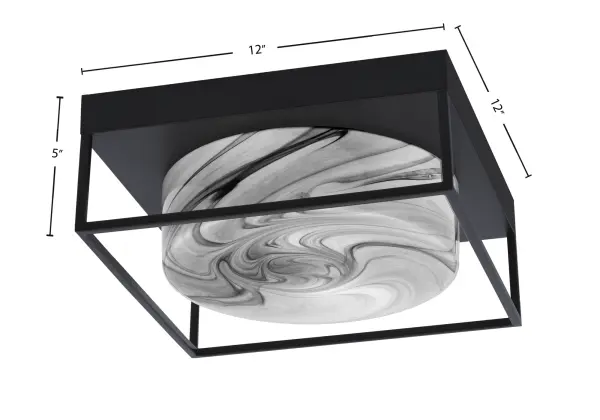 This 12" flush mount combines contemporary matte black styling with luxurious onyx swirl glass. Perfect for low-ceiling spaces, it provides versatile 2-bulb illumination with a sophisticated, modern aesthetic. - alternate view