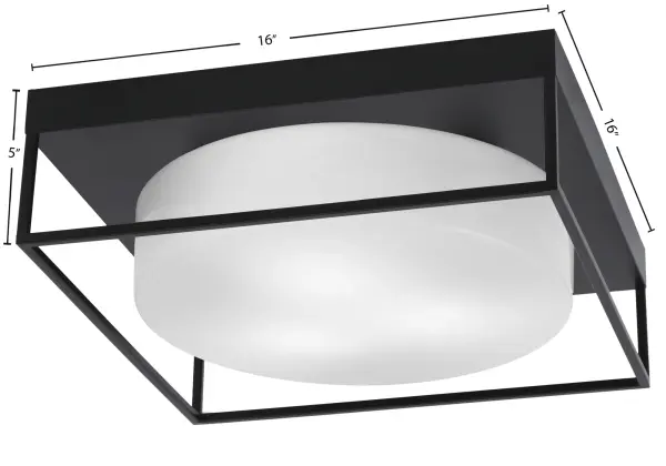 This 16" flush mount combines modern matte black styling with sophisticated white marble glass for a refined, low-profile lighting solution. Perfect for rooms with standard to lower ceilings, it delivers ample illumination through three bulbs while maintaining a clean, contemporary aesthetic. - alternate view