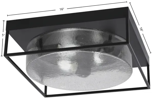 This 16-inch flush mount combines sleek matte black finish with unique smoke bubble glass for a contemporary look. Perfect for low-ceiling spaces, it provides ample illumination with three bulbs while maintaining a compact 5-inch profile. - alternate view