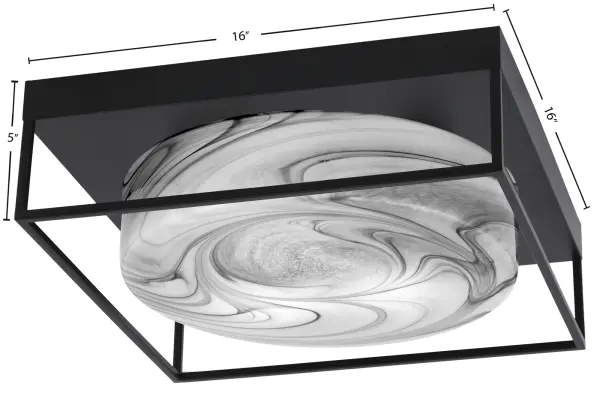 This 16-inch flush mount combines timeless elegance with modern functionality. The onyx swirl glass creates a warm, inviting glow while the matte black finish adds contemporary sophistication to any space. - alternate view