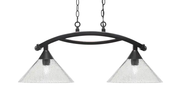 The Bow 2-Light Island Light combines industrial charm with transitional elegance. Its black copper finish and smoke bubble glass shades create sophisticated ambiance perfect for kitchen islands and dining areas.
