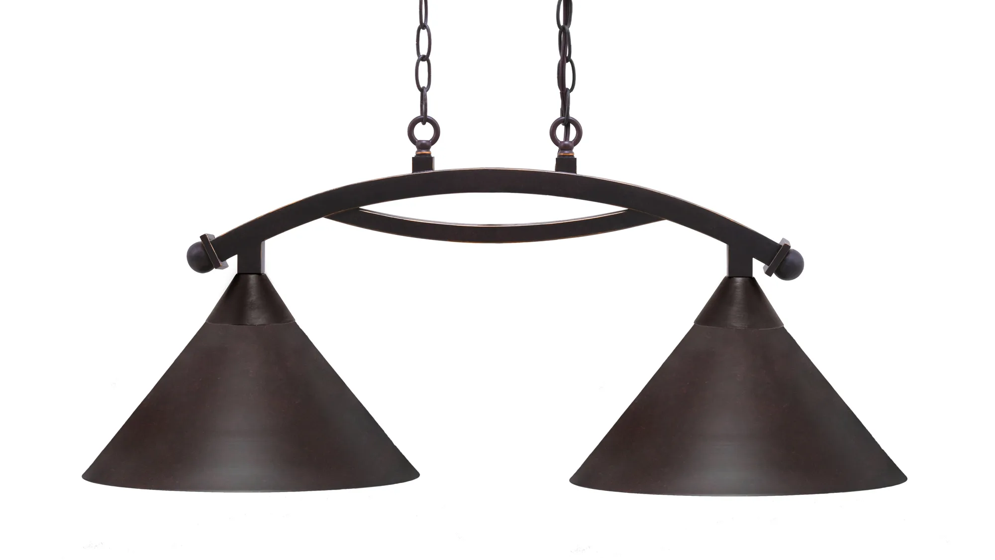 Bow 2 Light Island Light Shown In Dark Granite Finish With 14" Dark Granite Cone Metal Shades