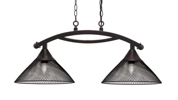 The Bow 2-Light Island Light combines industrial style with modern sophistication through its dark granite finish and distinctive cone mesh metal shades. Highly adjustable with 10 feet of chain per side, this fixture adapts to various ceiling heights while providing focused task lighting perfect for kitchen islands and dining areas.