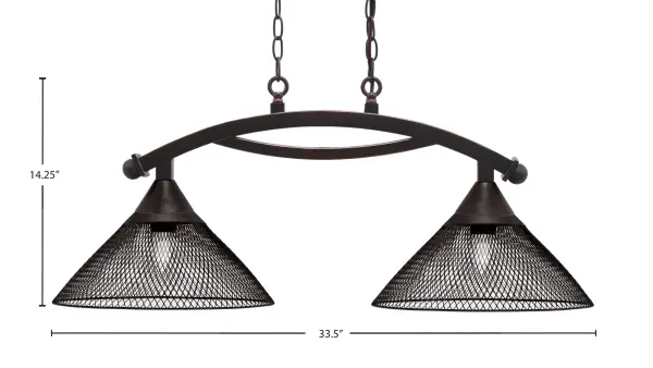 The Bow 2-Light Island Light combines industrial style with modern sophistication through its dark granite finish and distinctive cone mesh metal shades. Highly adjustable with 10 feet of chain per side, this fixture adapts to various ceiling heights while providing focused task lighting perfect for kitchen islands and dining areas. - alternate view