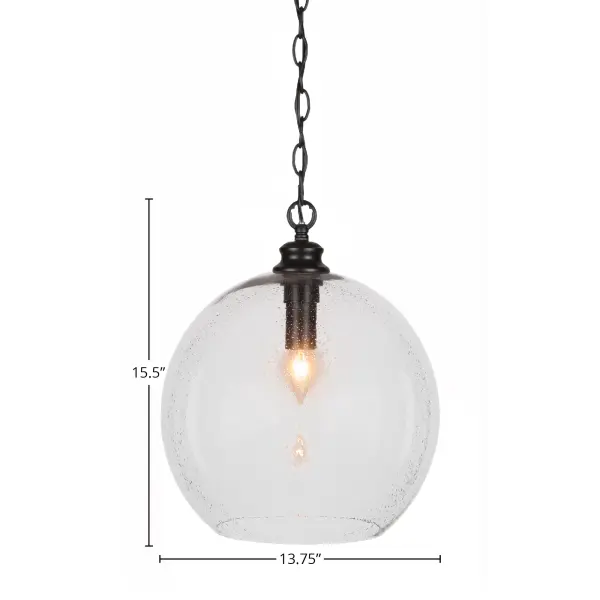 The Kimbro pendant combines sleek matte black finish with distinctive bubble glass for contemporary sophistication. Its adjustable chain and compact 13.75" diameter make it ideal for kitchen islands, dining areas, and entryways. - alternate view