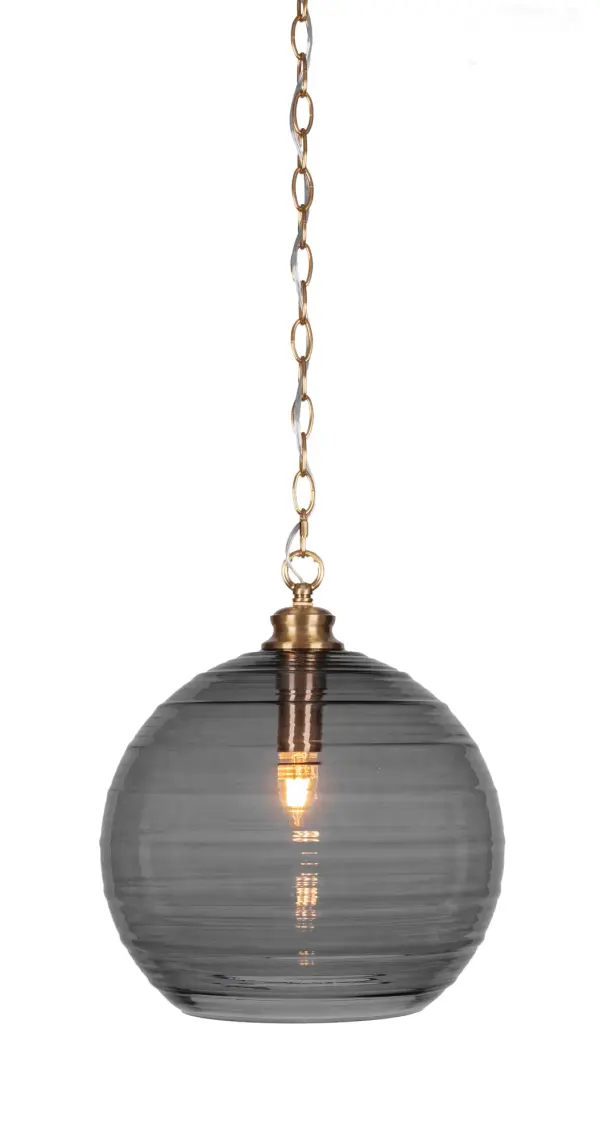 The Malena pendant combines warm New Age Brass finish with a striking 14" smoke ribbed glass shade. Its adjustable chain allows versatile installation heights, while the textured glass creates ambient lighting perfect for modern spaces.